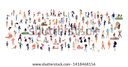 Crowd of flat illustrated people. Dancing, surfing, traveling, walking, working, playing people set. Vector big set Royalty-Free Stock Photo #1418468156