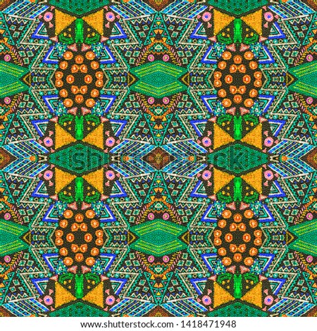 African art drawing. Seamless aztec pattern. Fashion cherokee design. Graphic modern print. Vintage peruvian design. Indian tribal style. Black, cyan, pink, green, gold african art drawing.