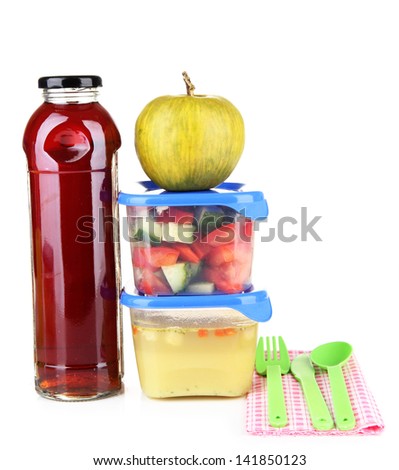 Tasty lunch in plastic containers, isolated on white