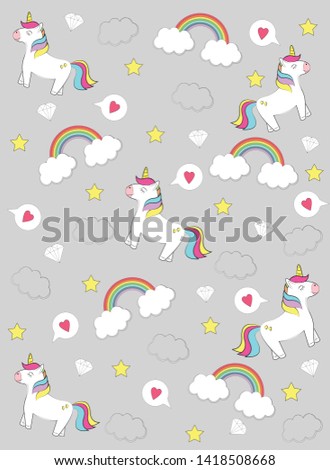 printable cute unicorn,diamonds, rainbow,clouds, love vector design background illustration