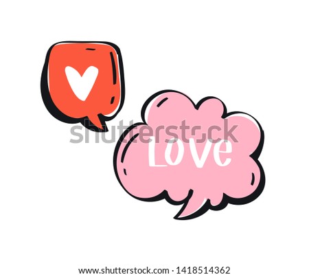 Different words and phrases in multicolor cartoon speech bubbles. Hand drawn slang lettering set for dialogs, messages, chats etc. Handwritten text about love in comic style and doodle frames