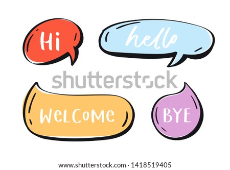 Different words and phrases in multicolor cartoon speech bubbles. Hand drawn slang lettering set for dialogs, messages, chats etc. Handwritten text in comic style and doodle frames - hi, hello, bye