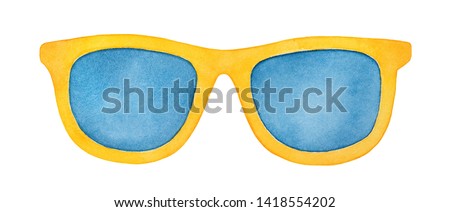 Pair of bright yellow sunglasses with navy blue lenses. Symbol of fashion, youth, success, style, elegance. Handdrawn watercolour graphic drawing on white backdrop, cutout clip art element for design.