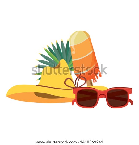 summer beach and vacation with ice lolly, beach hat and sunglasses icon cartoons vector illustration graphic design