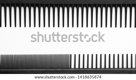 Combs, barber comb, salon equipment, comb for hair, black comb, isolated on white. Flat lay mockup