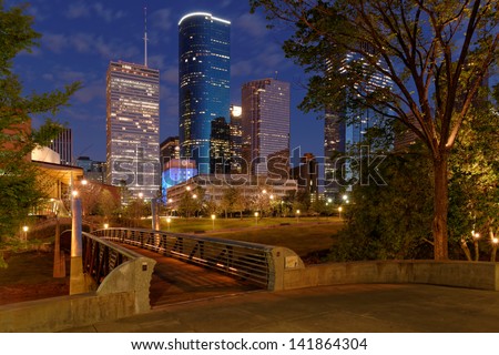 Downtown Houston from Buffalo Bayou hike and bike trail