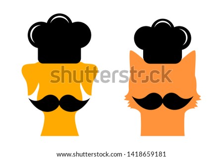 Logo set of cat and dog silhouettes in orange colors. Domestic animals in cooking chef's hat with black gentleman mustaches. Animal in cook hat.