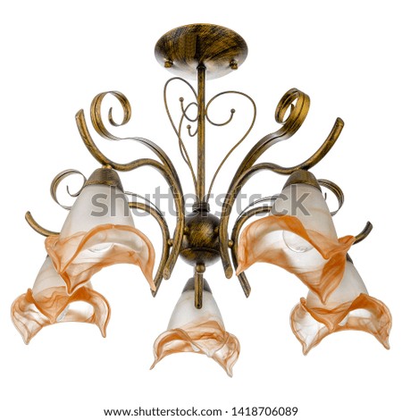 Black and gold chandelier with white shades. Isolating white background