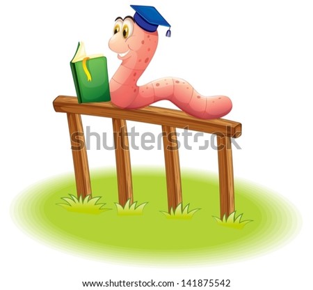 Illustration of a worm reading above the wooden fence on a white background