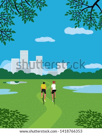 Rest in city garden flat color vector poster. Hand drawn girl, dog sitting on green grass lawn in city park cartoon illustration. Nature outdoors park zone. Cozy place for rest landscape background
