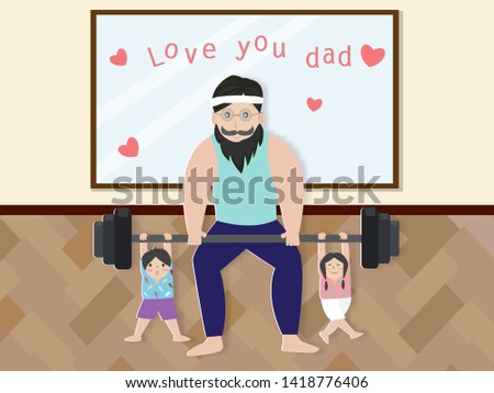 Happy father's day greeting card with father is weightlifting and children,vector illustration paper art style.