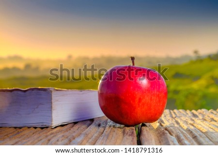 Red apple and book on wooden table  in the morning during sunrise with green farm and beautiful sunrise