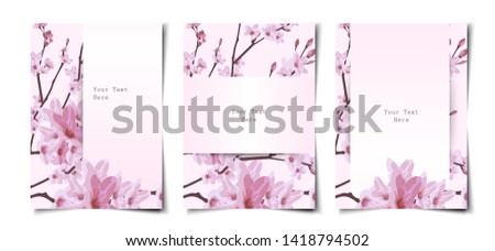 Set of minimal white cover template layout with pink cherry blossom sakura tree watercolor background