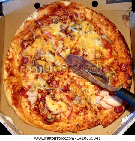 Macro Photo food fresh hot pizza. Texture background round pizza with cheese, tomatoes and bacon. Image of food is delicious pizza in box.