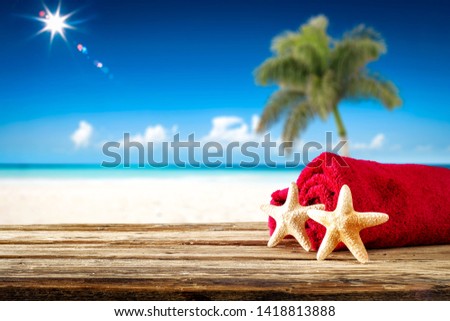 Summer background of free space for your decoration and green coconut palm on beach. Sunny day and blue sky. 