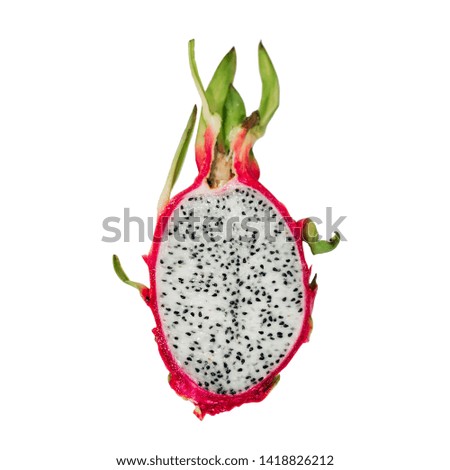 One half of vivid, red Dragon Fruit with white core isolated on a white background.