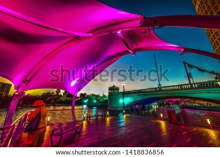 Colorful night in Tampa Riverwalk. Florida, USA