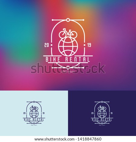 Logo for bike rental or organisation bike tours: bicycle on globe thin line icon. Modern vector illustration.
