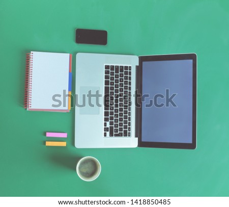 Work table space with laptop computer , flat lay