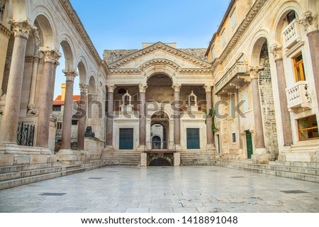 Split, Croatia, early morning at the peristyle or peristil inside palace of Roman Emperor Diocletian Royalty-Free Stock Photo #1418891048