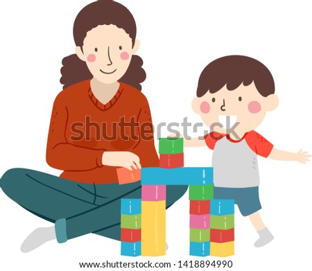 Illustration of a Kid Boy Stacking Building Blocks with His Mother