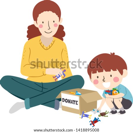 Illustration of a Kid Boy Putting Some of His Toys in a Donation Box  with His Mother