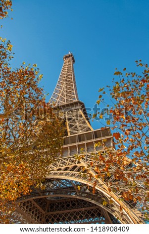 The Eiffel tower and autumnal trees in the foreground. Low angle view, Paris, France