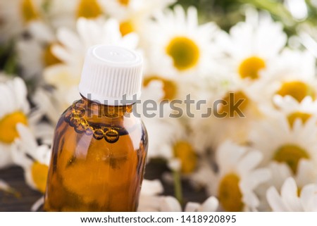 Glass bottle with essential aroma chamomile oil with flowers on a wooden table. cosmetic and medical organic concept.