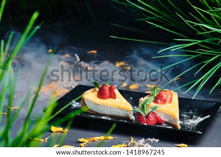 Delicious Cheesecake, decorated with strawberries on a square black plate in a dark smoky background. Beautiful greens on the background. Close up. Space