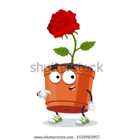 cartoon rose flower in a pot mascot showing himself on a white background