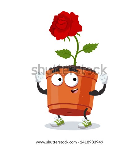 cartoon rose flower in a pot mascot shows its strength on a white background