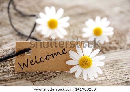 a natural looking banner with welcome and white blossoms as background