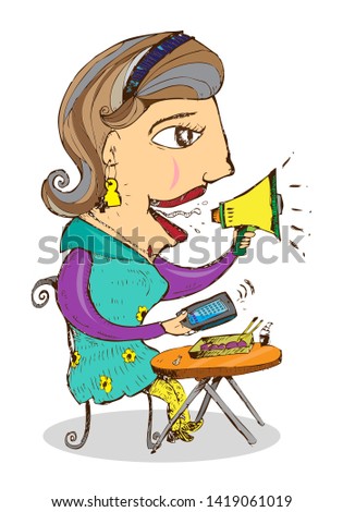 Influencer cartoon sketch concept . Lady with mobile phone and speakerphone. Editable Clip Art.