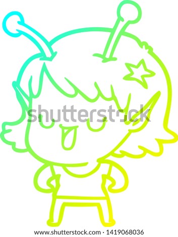 cold gradient line drawing of a happy alien girl cartoon