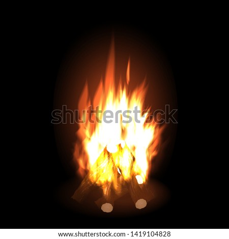realistic burning bonfire with wood on black background, vector illustration