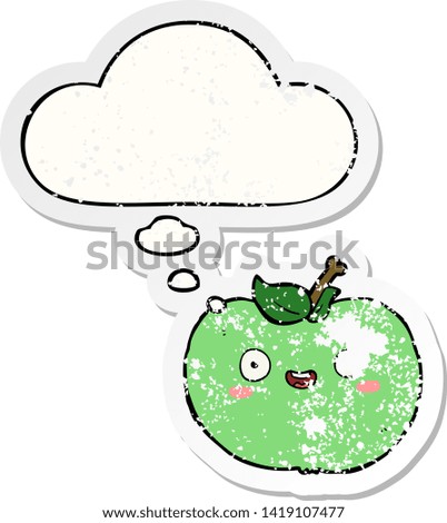 cartoon apple with thought bubble as a distressed worn sticker