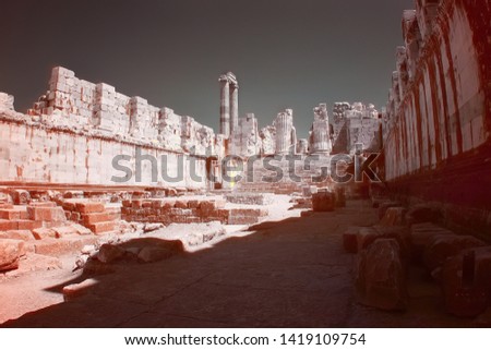 Ancient temple of Apollo in the city of Didim, Turkey. Infrared photography. Fantastic ruins. Another planet, fantasy.