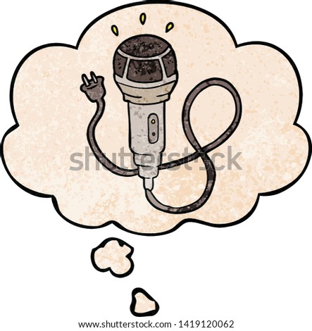 cartoon microphone with thought bubble in grunge texture style