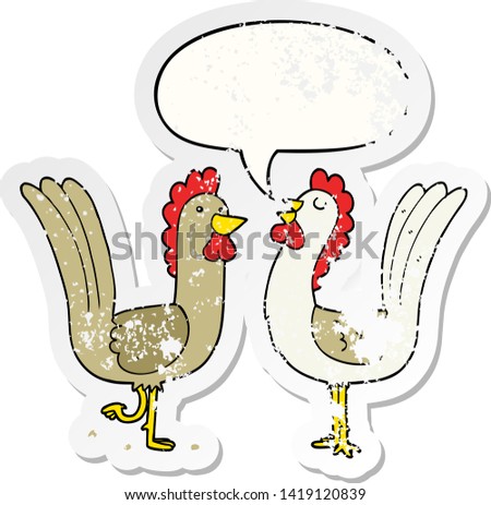 cartoon chickens with speech bubble distressed distressed old sticker