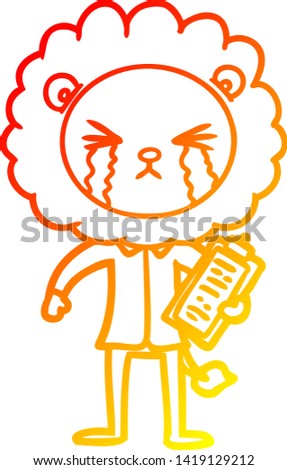 warm gradient line drawing of a cartoon crying lion with clipboard