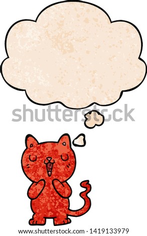 cartoon cat with thought bubble in grunge texture style