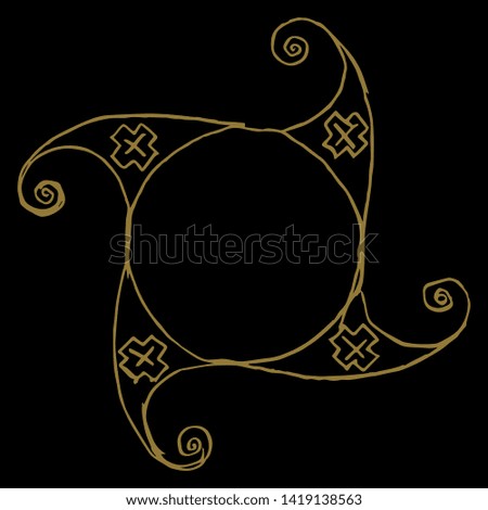 Isolated vector illustration. Abstract geometrical decor or mandala with spiral elements. Native American Mimbres motif. Hand drawn linear sketch. Golden silhouette on black background.