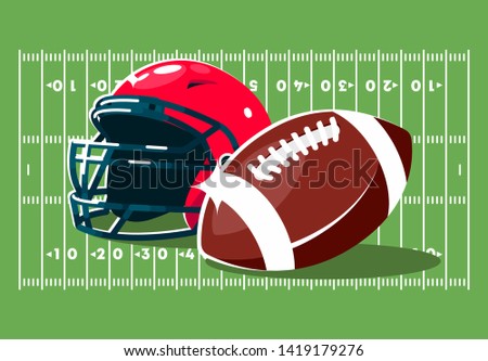 vector illustration of American football helmet and ball on green background, American football fields top view