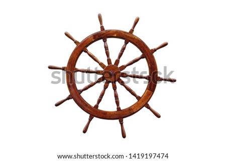 old wooden wheel of a sailing yacht Royalty-Free Stock Photo #1419197474