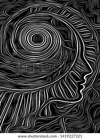 Human face profile integrated in black and white woodcut pattern. On subject of the mind, consciousness, reason and human drama. Black and White Poetry series.
