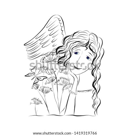 Smiling angel. Flowers with butterfly. Graphic vintage linear drawing. Concept for religious holidays - Easter, Christmas. Biblical heavenly symbol of man with wings. 