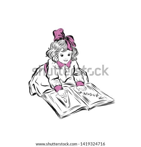 Preschool girl reading a book. Child in retro style sitting on the floor. Lady dressed in dress with pink cuffs and a collar and a pink bow on her head. Drawing for coloring. 