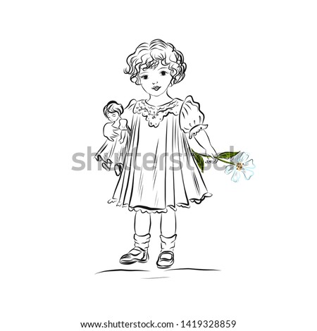 Little girl in vintage style holds doll and flowers. Coloring page.