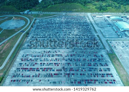 Aeriel view of automotive Factory Parking with new car stock - royalty free