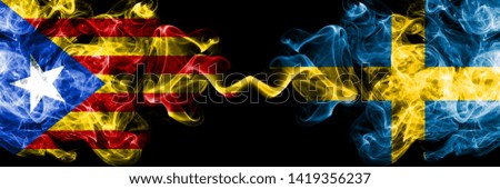 Catalonia vs Sweden, Swedish smoke flags placed side by side. Thick colored silky smoke flags of Catalonia and Sweden, Swedish